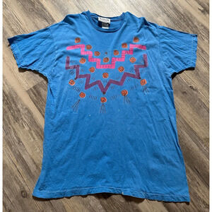 VTG 90s T-Shirt Southwest Aztec Blue Art Tee California Surf Ladies OSFA READ